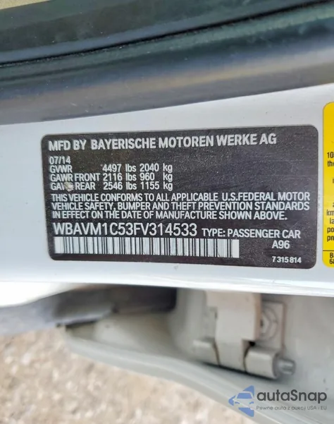 2015 BMW X1 Sdrive28I z USA, uszkodzony, nr VIN WBAVM1C53FV314533